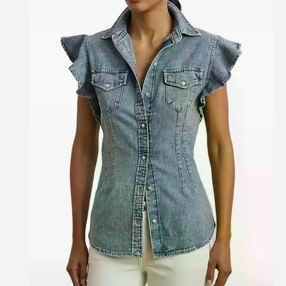 Ralph Lauren Tops - Ralph Lauren Blue Denim Ruffle Blouse